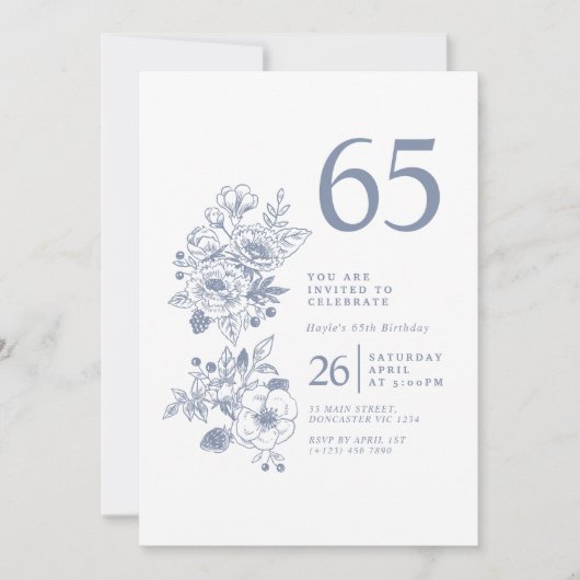 Botanische Wildflower Dusty Blue 65e verjaardag Kaart (Voorkant)