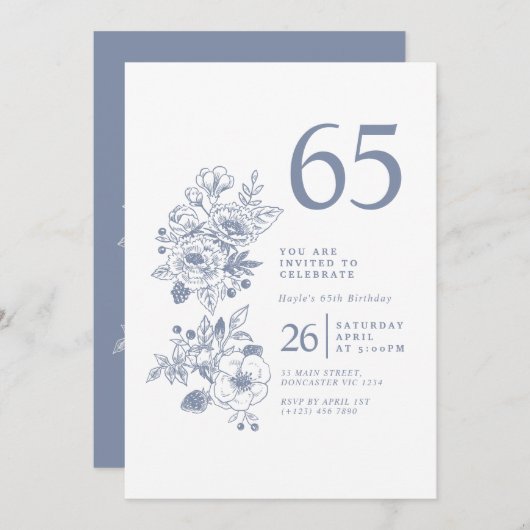 Botanische Wildflower Dusty Blue 65e verjaardag Kaart (Voorkant / Achterkant)