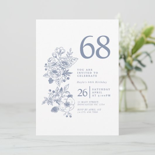 Botanische Wildflower Dusty Blue 68e verjaardag Kaart (Staand voorkant)