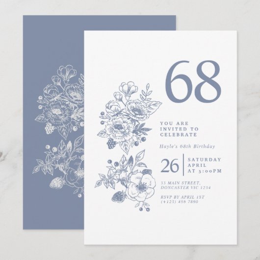 Botanische Wildflower Dusty Blue 68e verjaardag Kaart (Voorkant / Achterkant)