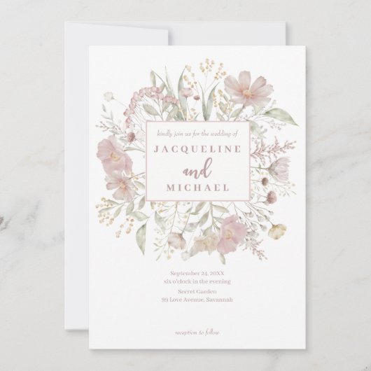 Botanische Wildflower Lijst Stoffig Roos Bruiloft Kaart (Voorkant)