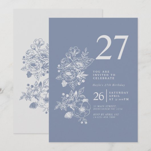 Botanische Wildflower Stoffig Blauw 27e Verjaardag Kaart (Voorkant / Achterkant)