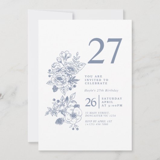 Botanische Wildflower Stoffig Blauw 27e Verjaardag Kaart (Voorkant)