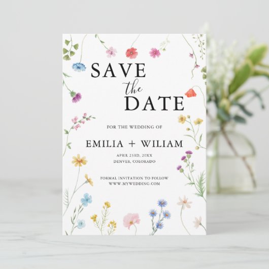 Botanische Wildflower Wedding Save the Date Kaart (Staand voorkant)