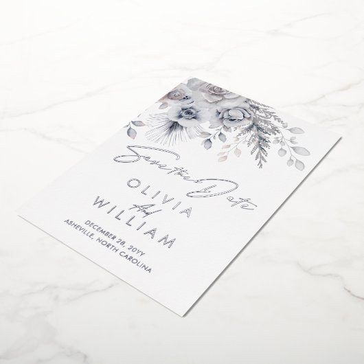 Botanische Winter Bloemen Zilver Save The Date Folie Uitnodiging (Gedraaid)