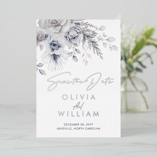 Botanische Winter Bloemen Zilver Save The Date Folie Uitnodiging (Staand Voorkant)