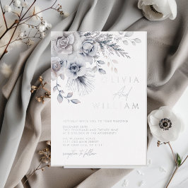 Botanische Winter Bloemige Elegante Zilveren Bruil Folie Uitnodiging