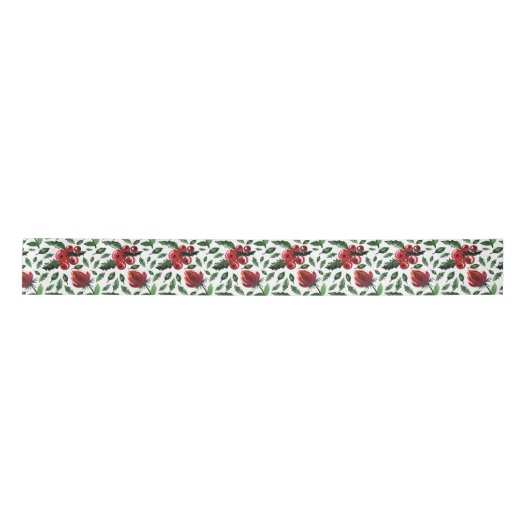 Botanische winterfoliage Holly Berries Satijnen Lint (Voorkant)