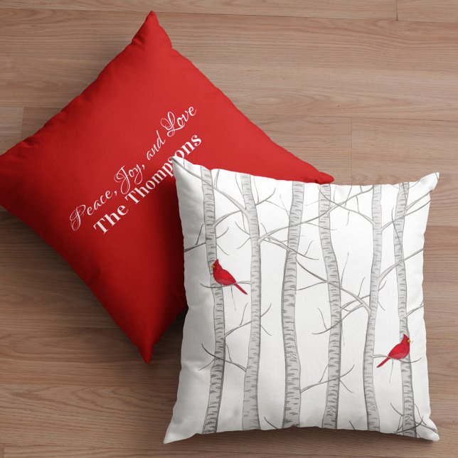 Botanische winterrode kardinaal Botanisch Woodland Kussen (Red cardinal and birch tree custom winter throw pillow)