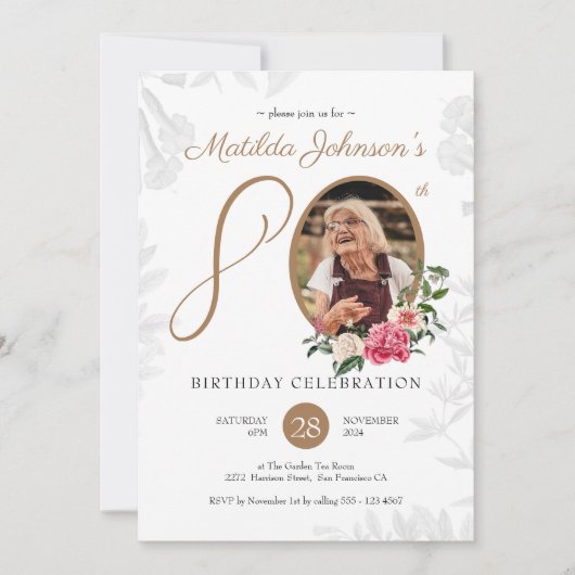 Botanische Wit Gouden Aangepaste Foto 80e Verjaard Kaart (Voorkant)