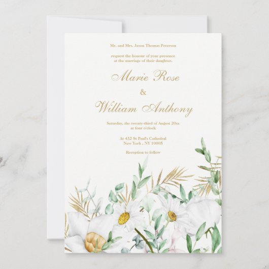 Botanische witgouden muntmadeliefjes bloemenbruilo kaart (Voorkant)