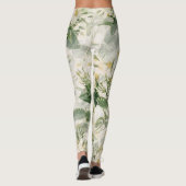 Botanische witte bloemen en groen blad patroon leggings (Achterkant)