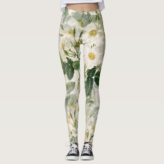 Botanische witte bloemen en groen blad patroon leggings (Voorkant)
