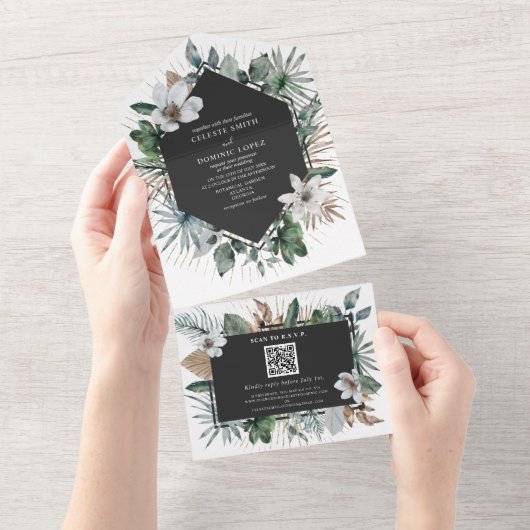 Botanische Witte Bloemige Geometrische Trouw- en R All In One Uitnodiging (Afscheurbaar)