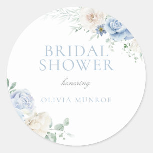 Botanische witte en blauwe bloem bruiloftsshower ronde sticker