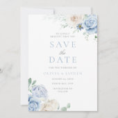 Botanische witte en blauwe bloemen bruiloft save the date (Voorkant)