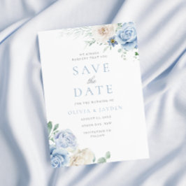 Botanische witte en blauwe bloemen bruiloft save the date
