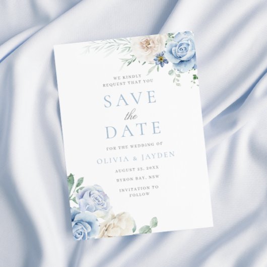 Botanische witte en blauwe bloemen bruiloft save the date