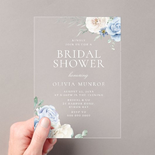 Botanische witte en blauwe bloemen Vrijgezellenfee Acryl Uitnodigingen (Insitu (Draagbaar))