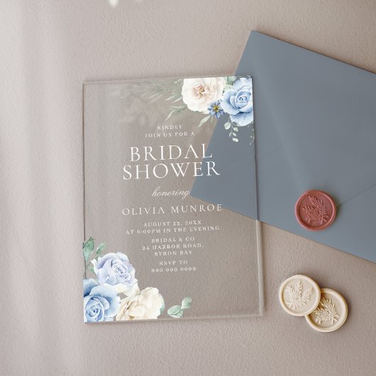 Botanische witte en blauwe bloemen Vrijgezellenfee Acryl Uitnodigingen