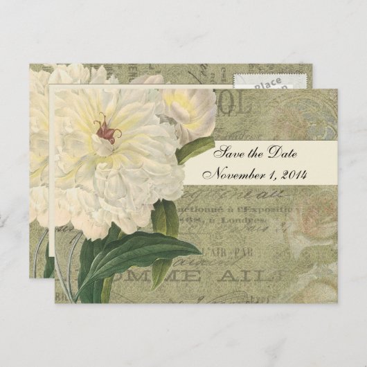 Botanische Witte Pioen Bewaar de Datum Aankondigingskaart (Voorkant / Achterkant)