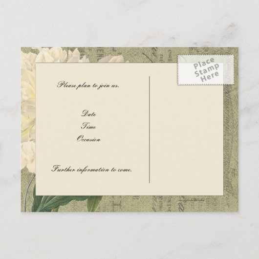 Botanische Witte Pioen Bewaar de Datum Aankondigingskaart (Achterkant)