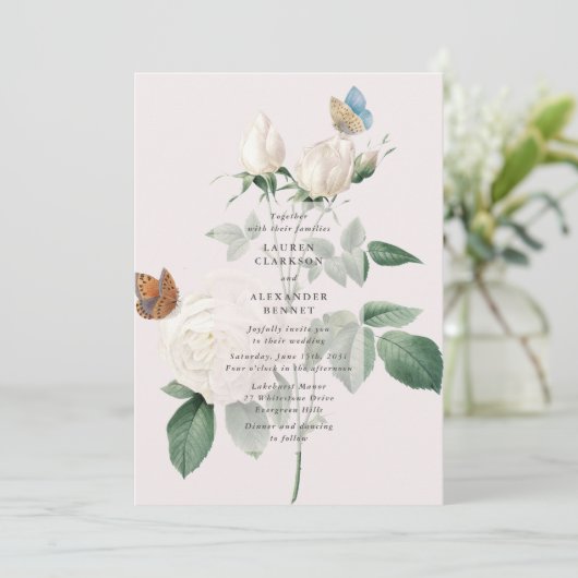 Botanische witte roos vlinder bruiloft uitnodiging (Staand voorkant)