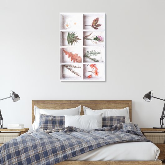 Botanische witte schaduw doos, bloemen bladeren ve canvas afdruk (Insitu (Slaapkamer))