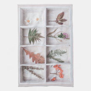 Botanische witte schaduwdoos, bloemen bladeren var theedoek