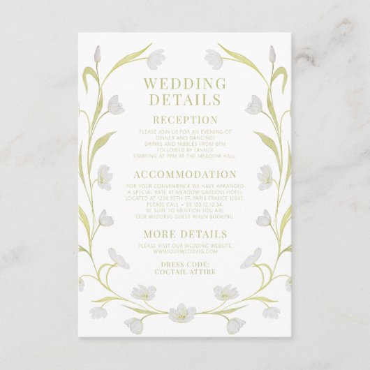 Botanische Witte Tulpen Bloemen Bruiloft Details Informatiekaartje (Voorkant)