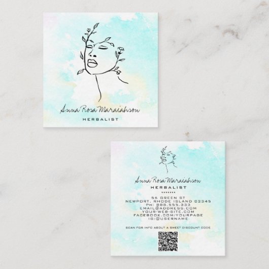 *~* Botanische Woman Line Art Goddess QR Greenery Vierkante Visitekaartje (Voorkant / Achterkant)