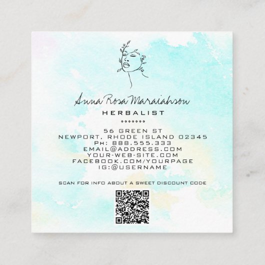 *~* Botanische Woman Line Art Goddess QR Greenery Vierkante Visitekaartje (Achterkant)