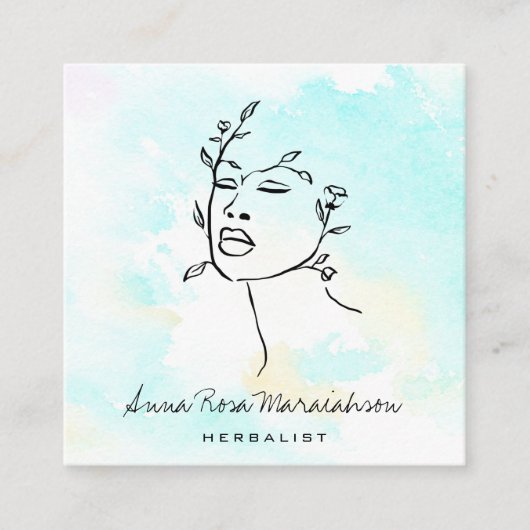 *~* Botanische Woman Line Art Goddess QR Greenery Vierkante Visitekaartje (Voorkant)