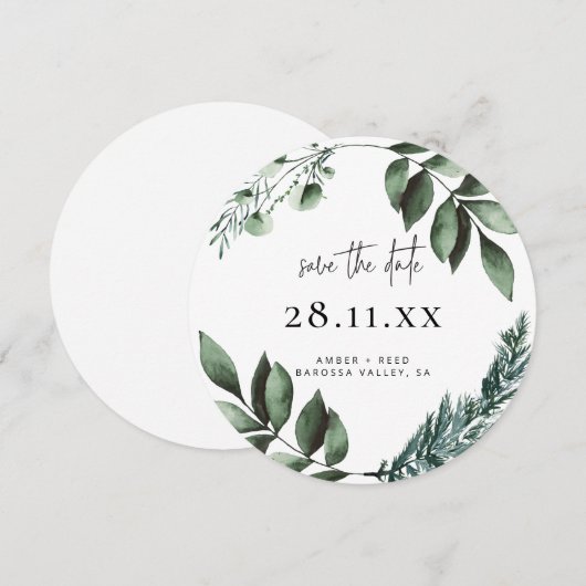 Botanische Wreath Greenery Cirkel Ronde Save The Date (Voorkant / Achterkant)