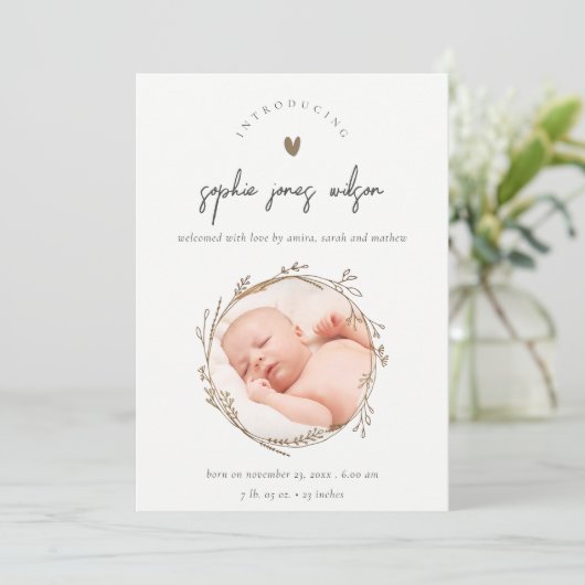 Botanische Wreath Heart Foto geboortebekendmaking Bedankkaart (Staand voorkant)