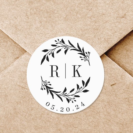 Botanische Wreath Wedding Monogram Ronde Sticker