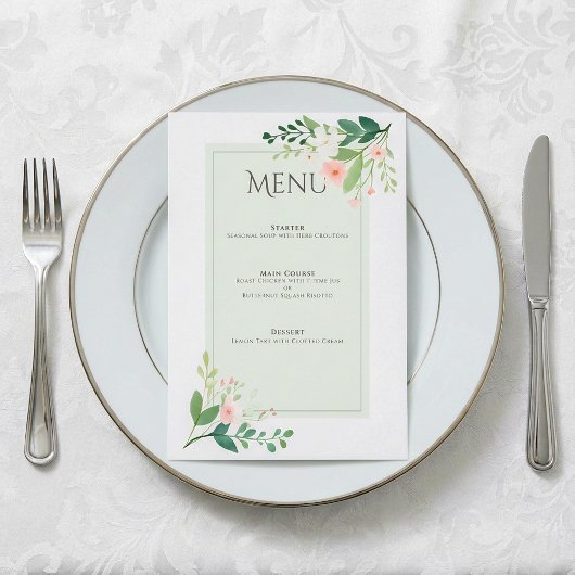 Botanische zacht Roze Bloemen Wedding Menu Kaart