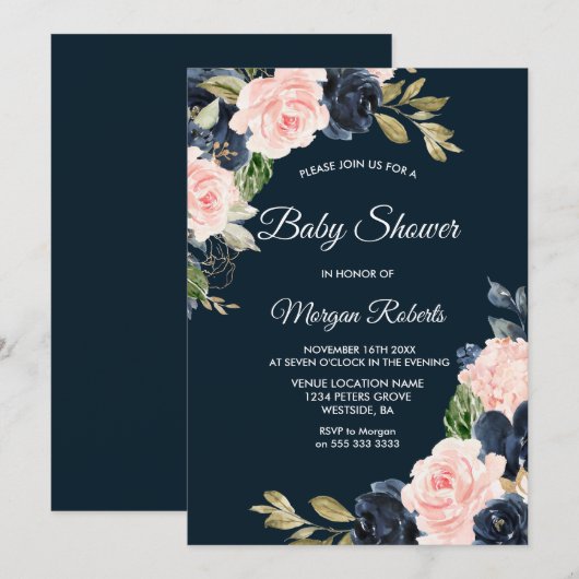 Botanische zeemacht en Blush Floral neutraal Baby  Kaart (Voorkant / Achterkant)