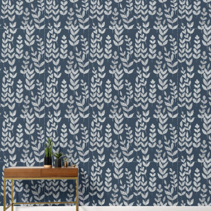 Botanische Zilveren Bladeren Vines Marine Blauwe M Behang