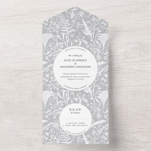 Botanische zilvergrijze patroonbruiloft all in one uitnodiging (Binnen)