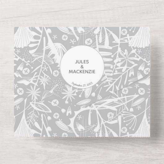 Botanische zilvergrijze patroonbruiloft all in one uitnodiging (Achterkant)