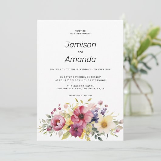 Botanische zomer kleurrijke bloemen bruiloft kaart (Staand voorkant)