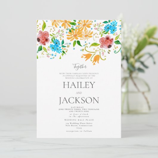 Botanische zon sinaasappel roze blauw munt bloemen kaart (Staand voorkant)