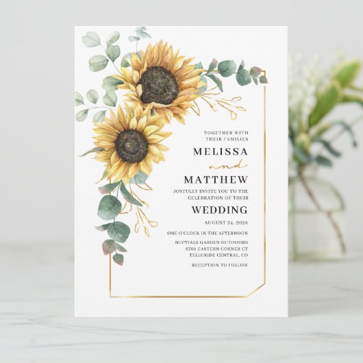 Botanische zonnebloem Eucalyptusbruiloft Kaart (Staand voorkant)