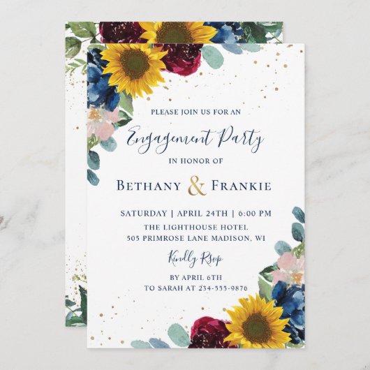 Botanische zonnebloem Floral Engagement Party Kaart (Voorkant / Achterkant)