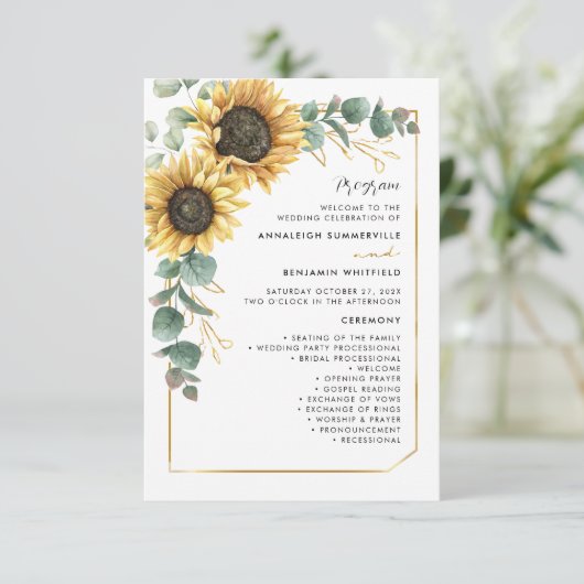 Botanische Zonnebloem groen bruiloft programma (Staand voorkant)