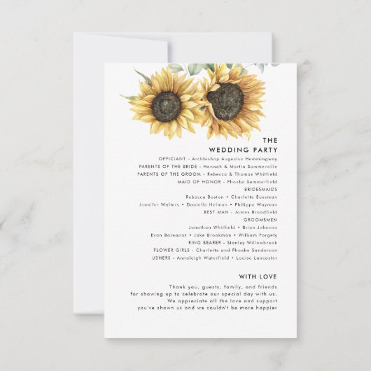 Botanische Zonnebloem groen bruiloft programma (Achterkant)
