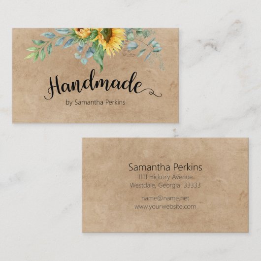 Botanische Zonnebloem Kalligrafie Rustiek Handgema Visitekaartje (Voorkant / Achterkant)