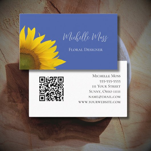 Botanische Zonnebloem QR code Whimsical Blue Visitekaartje