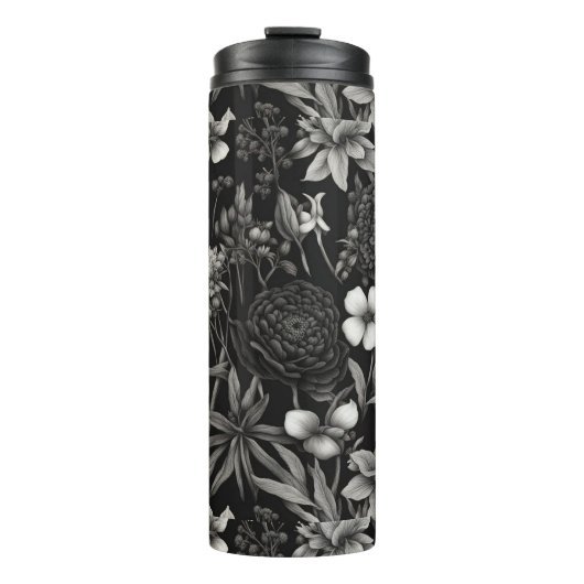 Botanische zwart-witte bloemen thermosbeker (Voorkant)